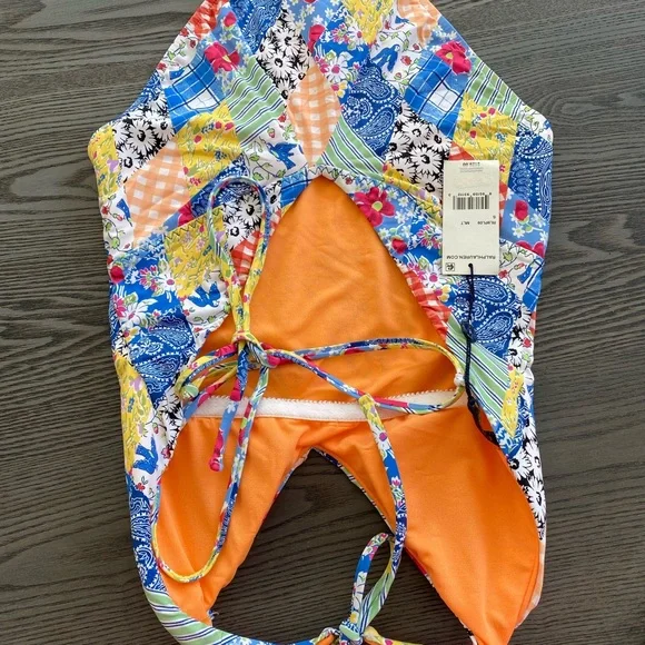 Polo Ralph Lauren Patchwork Plunge Neck One Piece Swimsuit - Picture 12 of 13